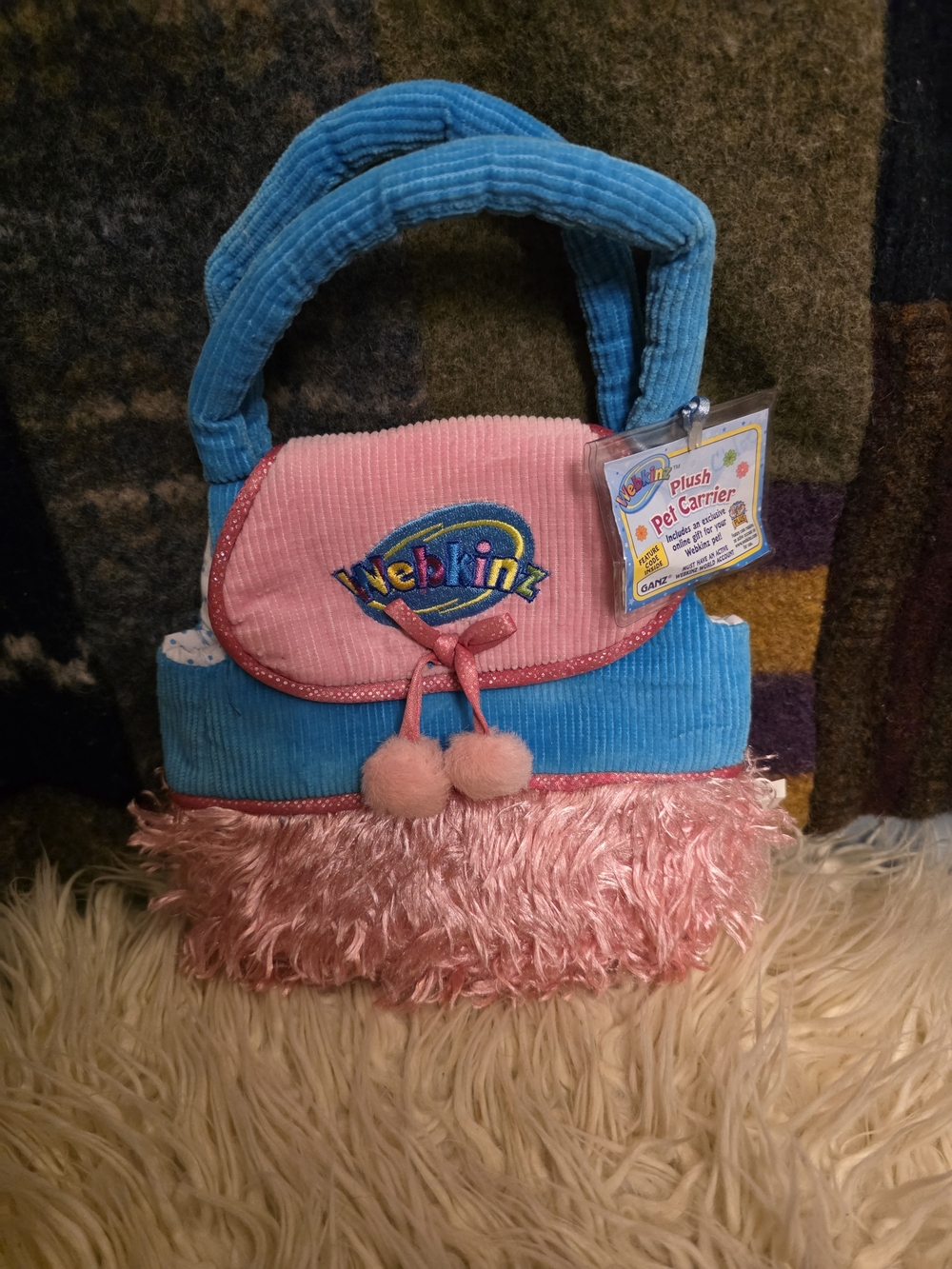 Webkinz Plush Pet Carrier - Blue and Pink Corduroy